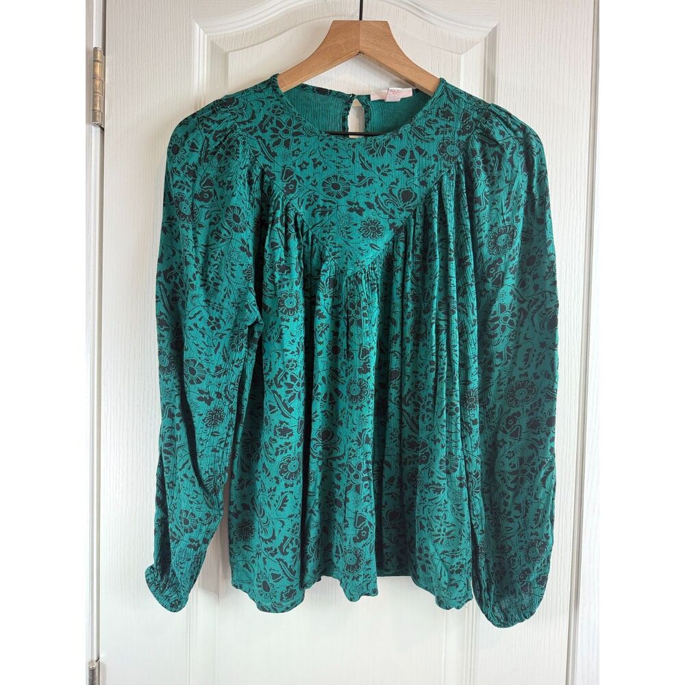 Knox Rose Women's Long Sleeve Boho Blouse Green Black Floral Rayon Top Size XS